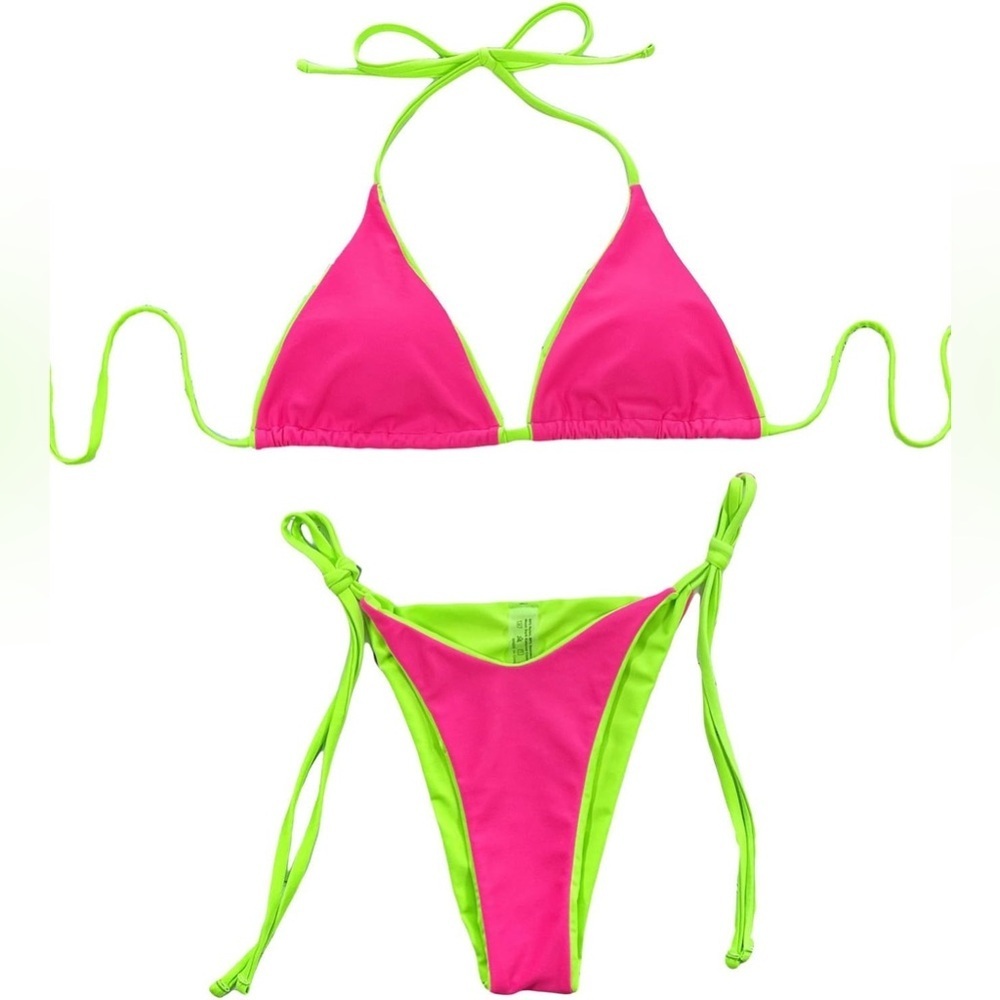 NWOT Neon Halter Bikini Top and High Waisted Bottoms L